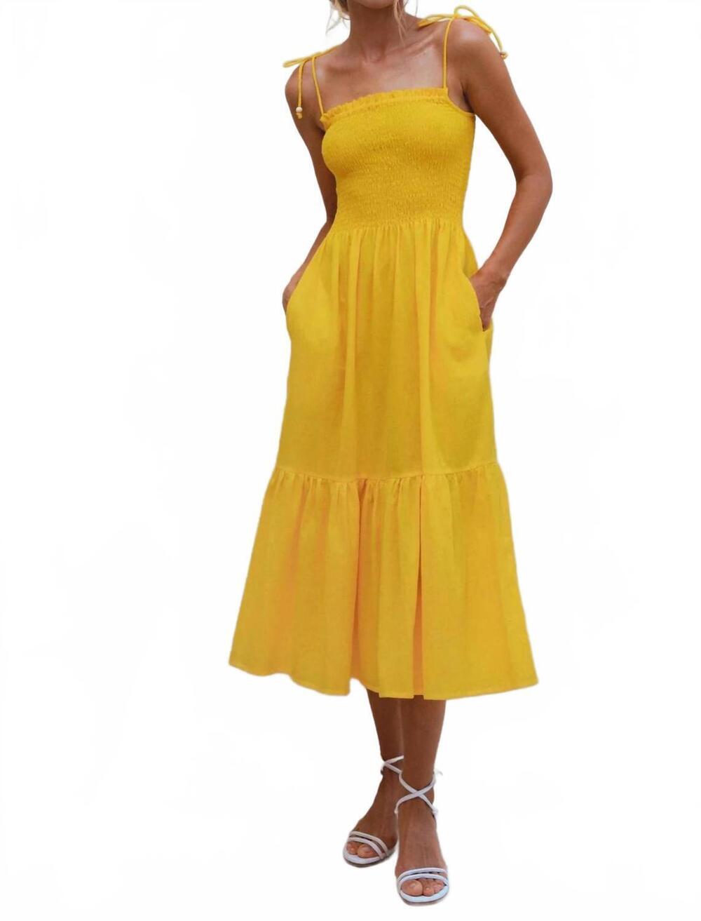 NEW BALI ELF paradiso strappy linen midi dress in sunglow